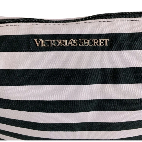 Victoria’s Secret Duffel Bag Black White Pink Stripe Canvas with Makeup Case - Picture 10 of 11